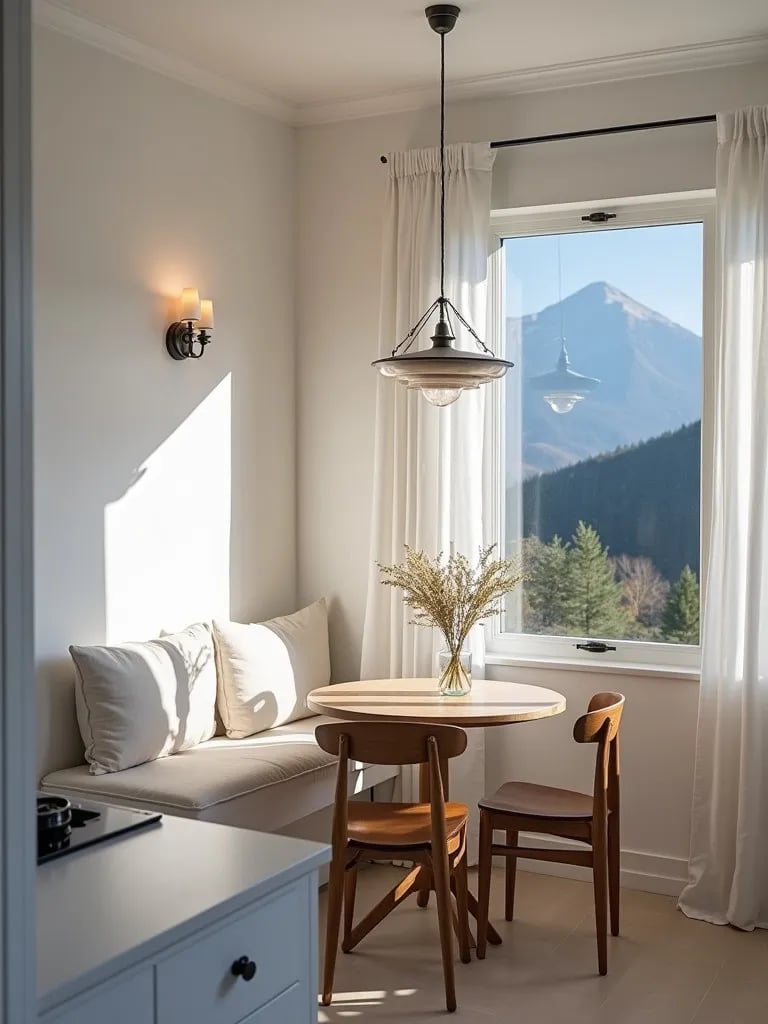 Ethereal white kitchen with glowing breakfast nook and mixed lighting