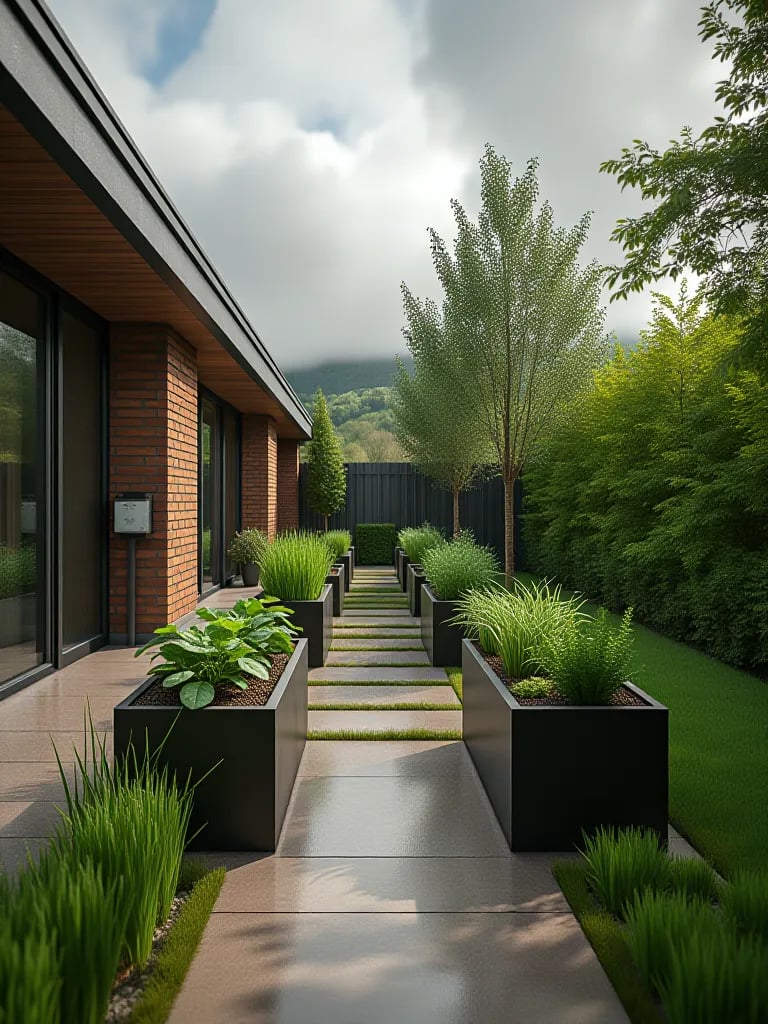 Evening scene of upcycled container garden with vintage watering can