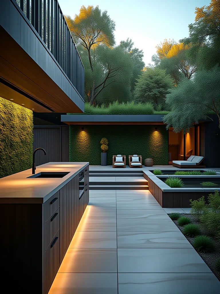 Evening view of modern kitchen with living wall flowing into tiered patio
