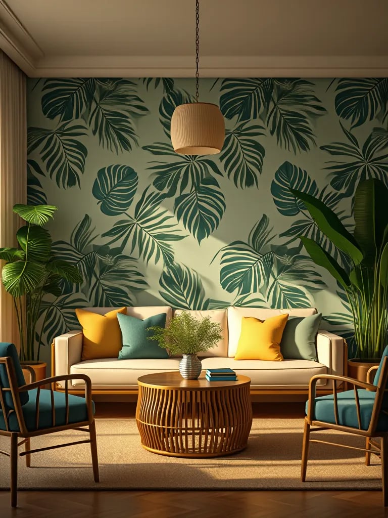 Exotic living space featuring palm leaf wallpaper and tropical inspired decor
