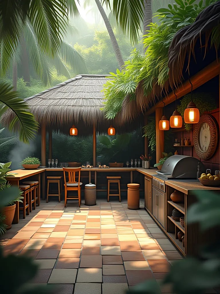 Exotic outdoor kitchen with bamboo bar surrounded by tropical flowers