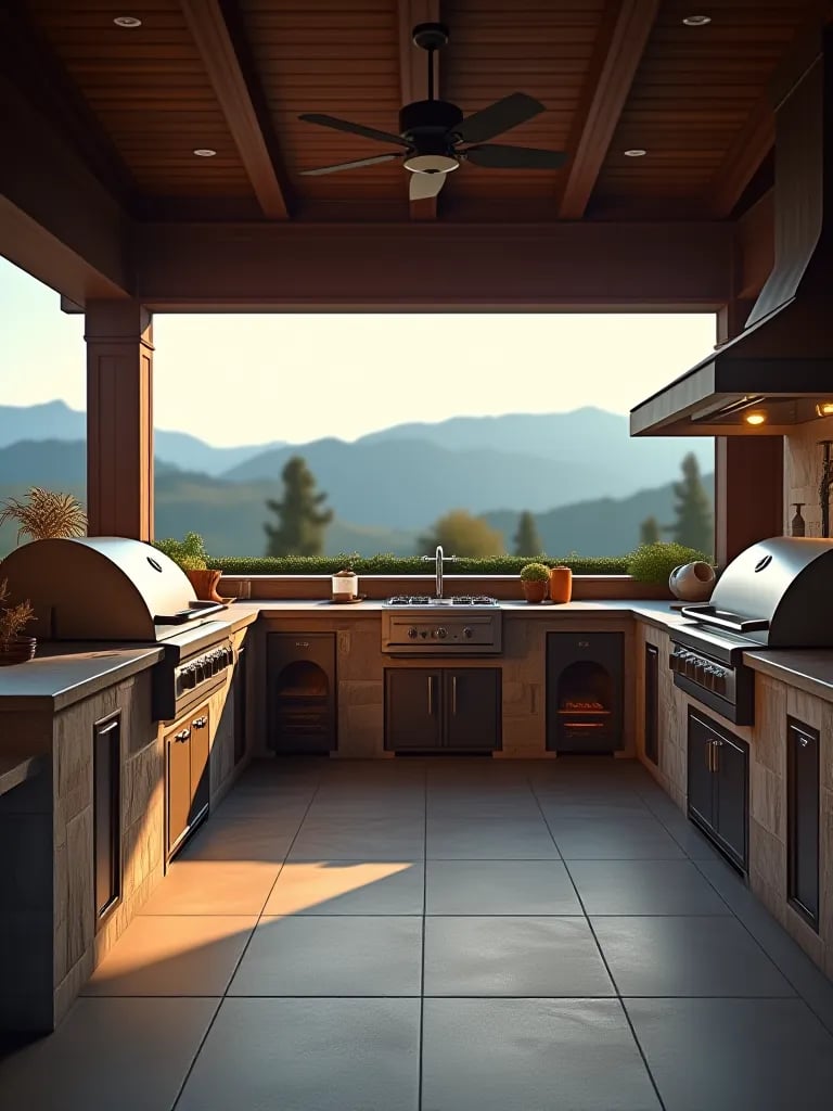 Expansive outdoor kitchen with multiple cooking stations and mountain view