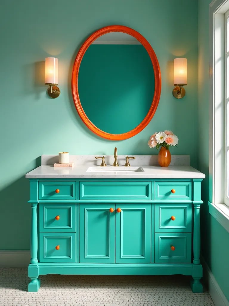 Eye catching bathroom vanity in teal with contrasting orange accents