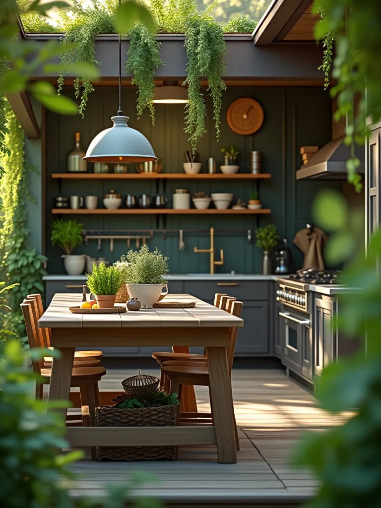 Farm inspired outdoor kitchen with harvest table and herb wall in vegetable garden