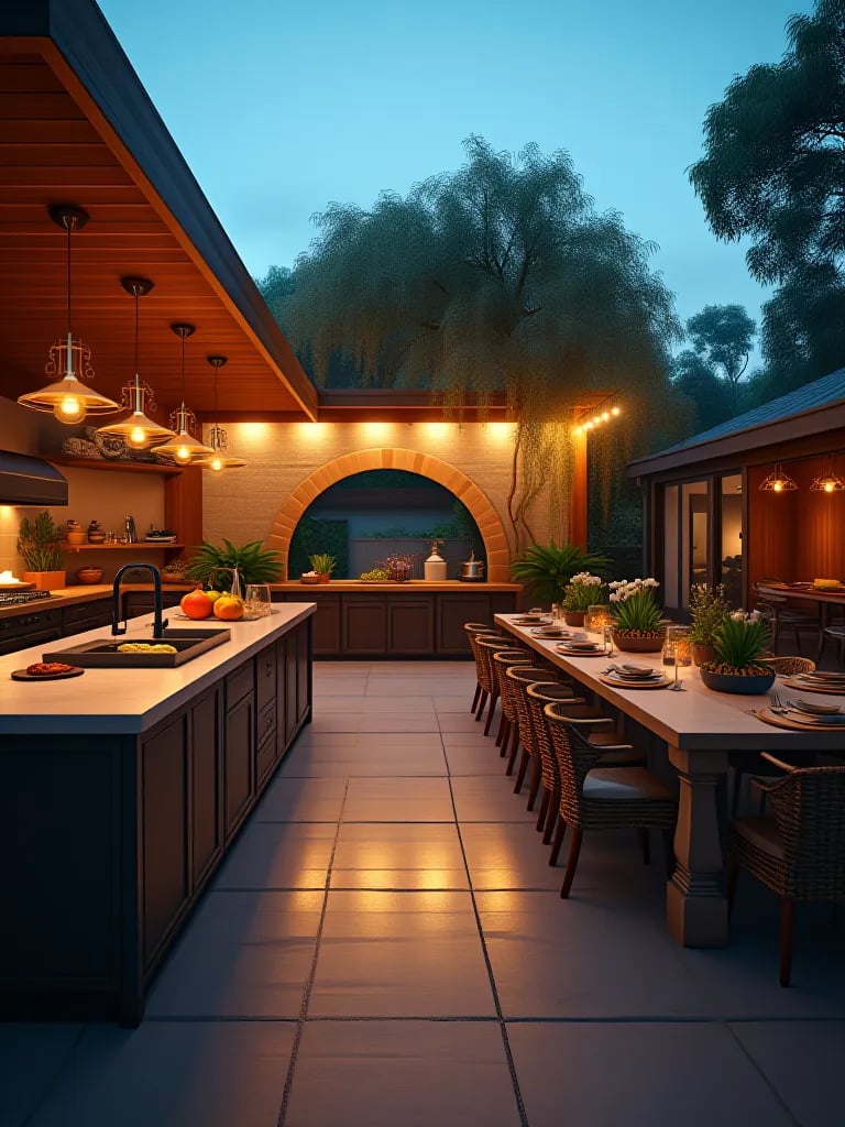 Farm inspired outdoor kitchen with herb garden connected to rustic patio at dusk
