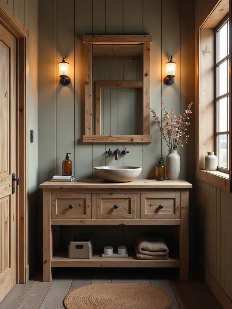 Farmhouse bathroom featuring wood vanity and barn door mirror