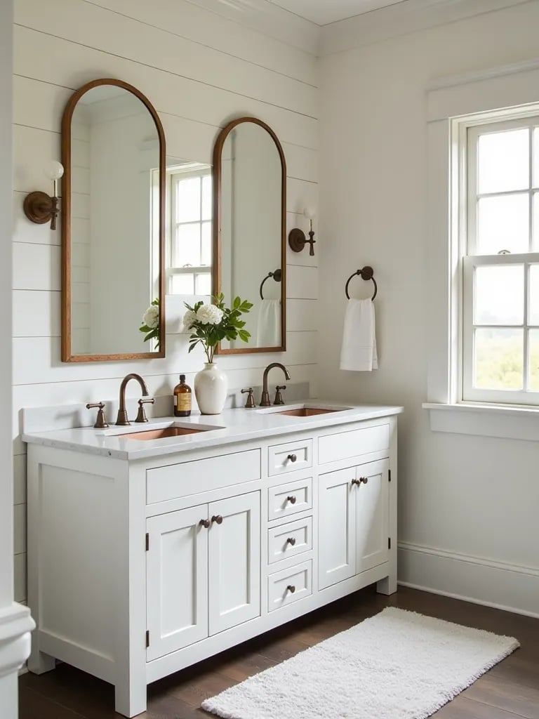 Farmhouse bathroom with distressed white double vanity, copper sinks, and shiplap wall