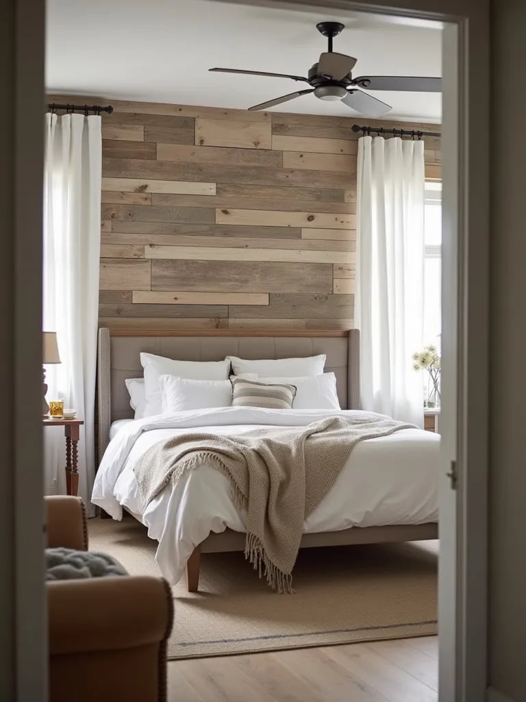 Farmhouse bedroom with reclaimed wood plank accent wall