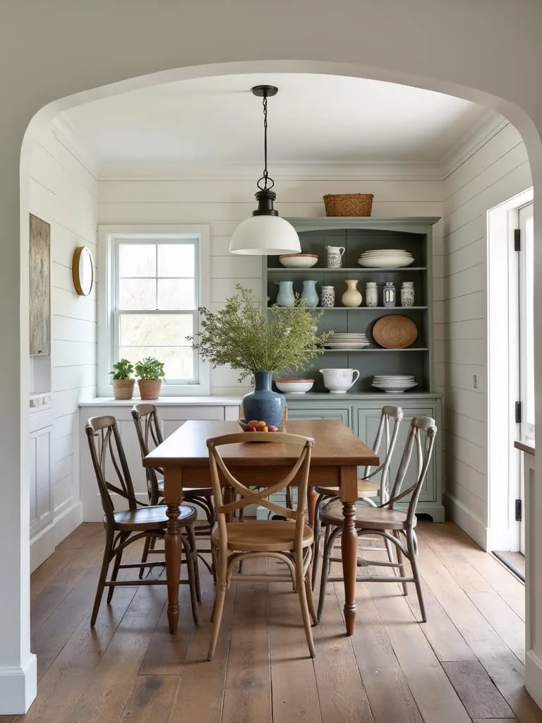 Farmhouse dining room with distressed wood look ceramic tile floor and vintage hutch
