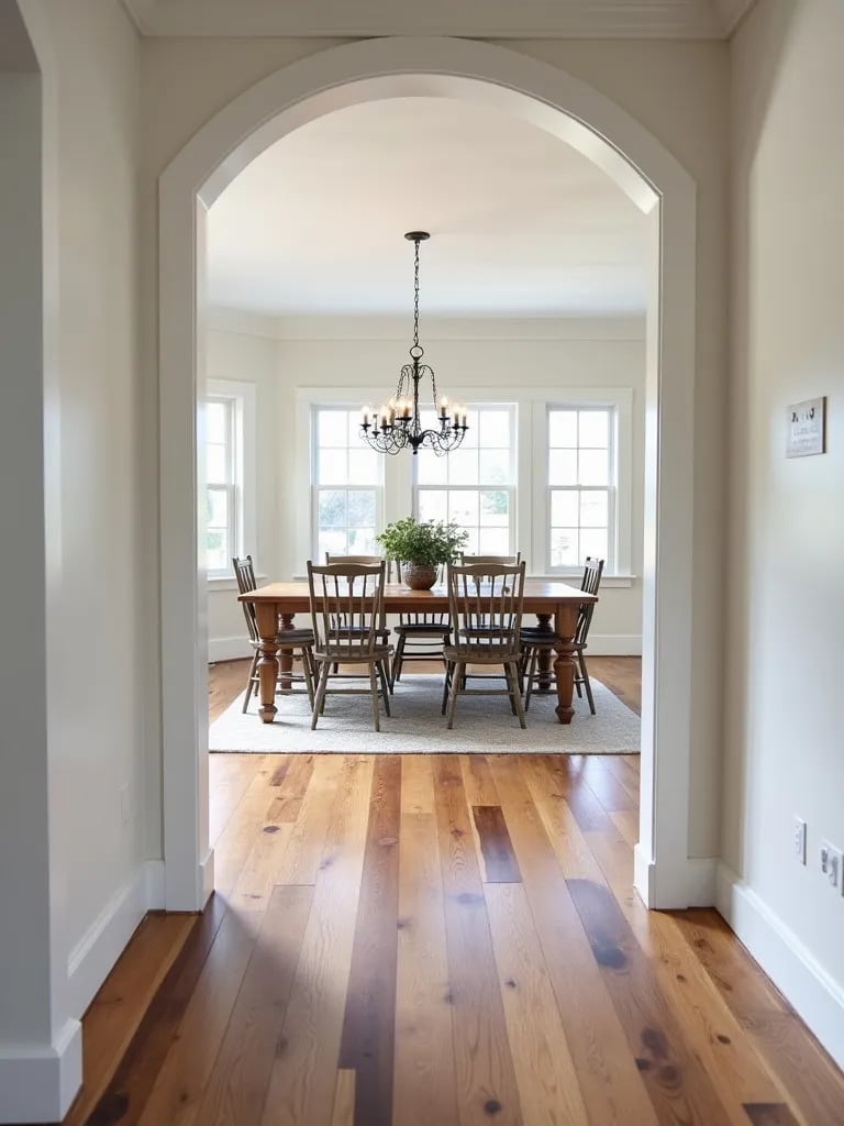 Farmhouse dining room with new wide plank reclaimed wood flooring