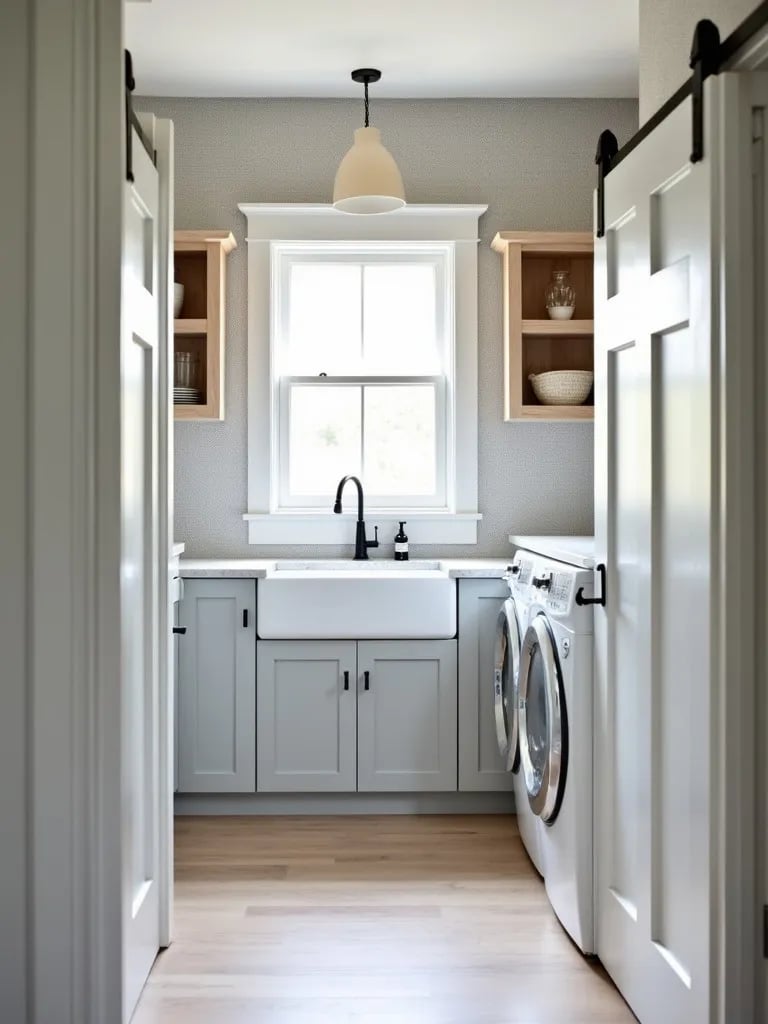 Farmhouse inspired laundry room featuring gray gingham wallpaper and barn door