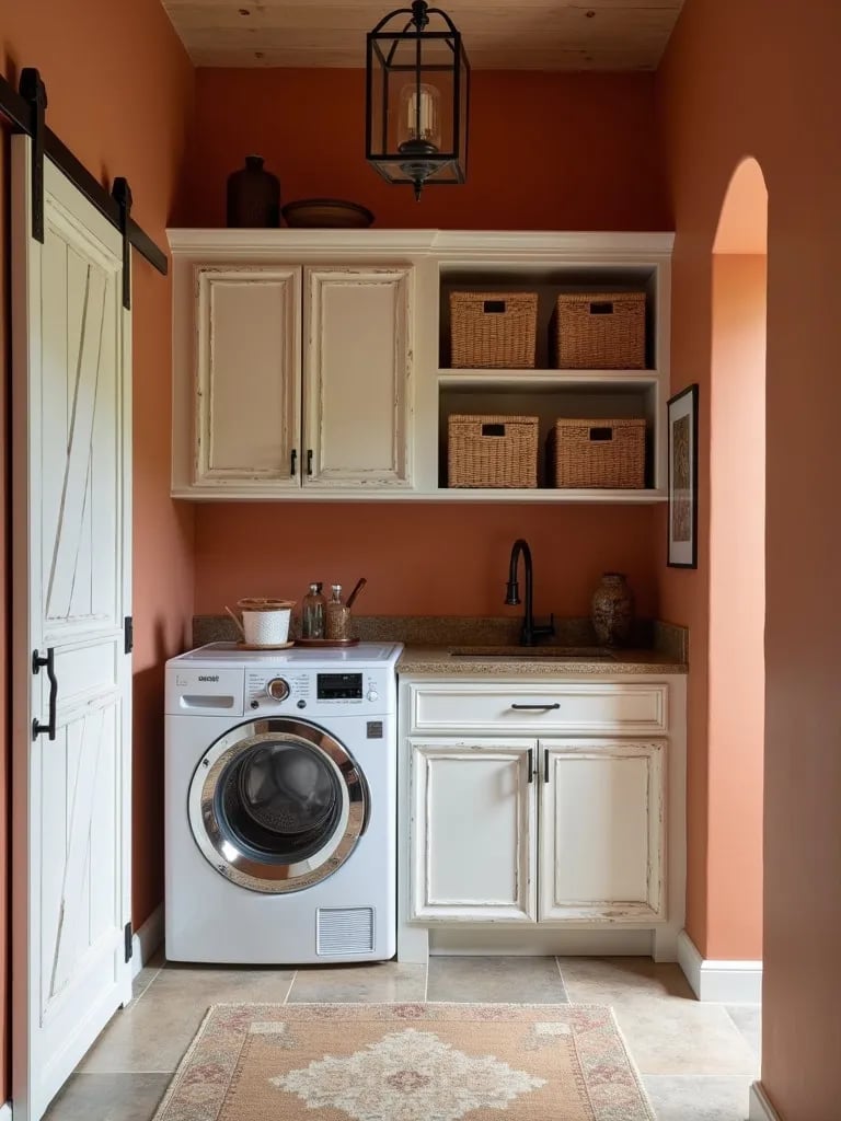 Farmhouse inspired laundry room with terracotta walls and barn door