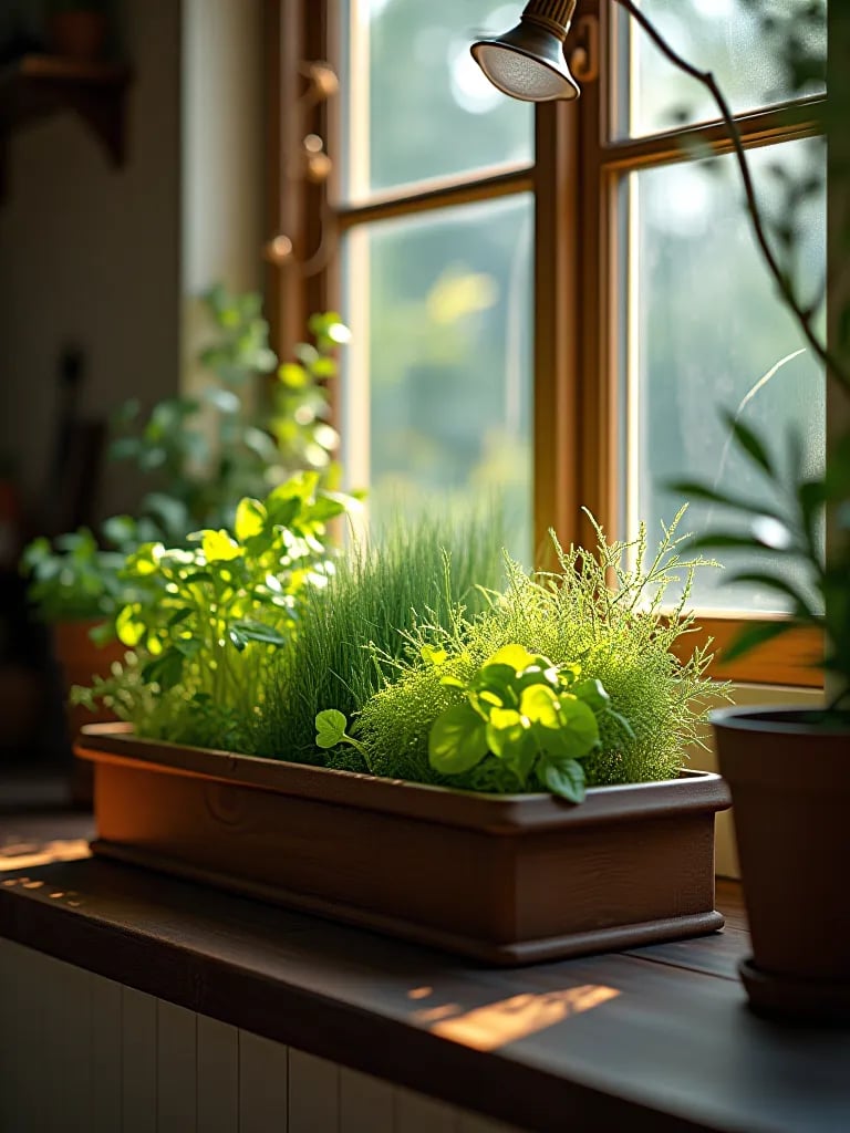 Farmhouse kitchen window with DIY container garden growing herbs and vegetables