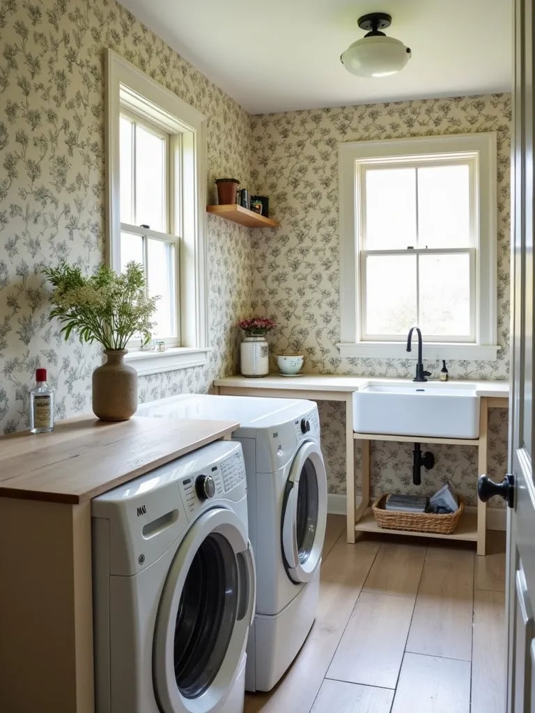 Farmhouse laundry room with floral wallpaper and rustic wooden counter