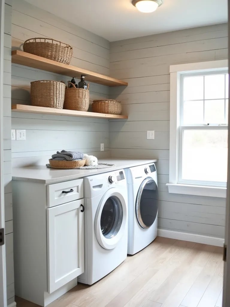 Farmhouse laundry room with gray shiplap patterned wallpaper and rustic decor