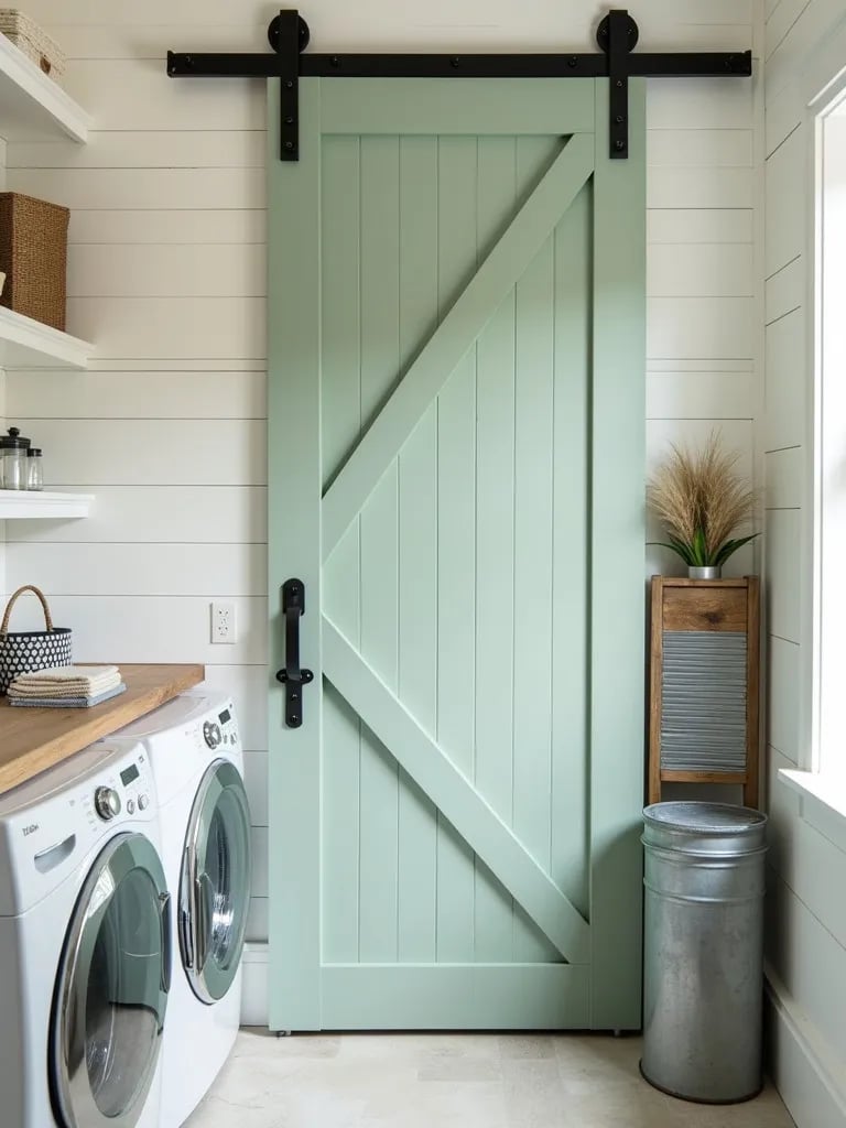 Farmhouse laundry room with sage green shiplap walls and barn door