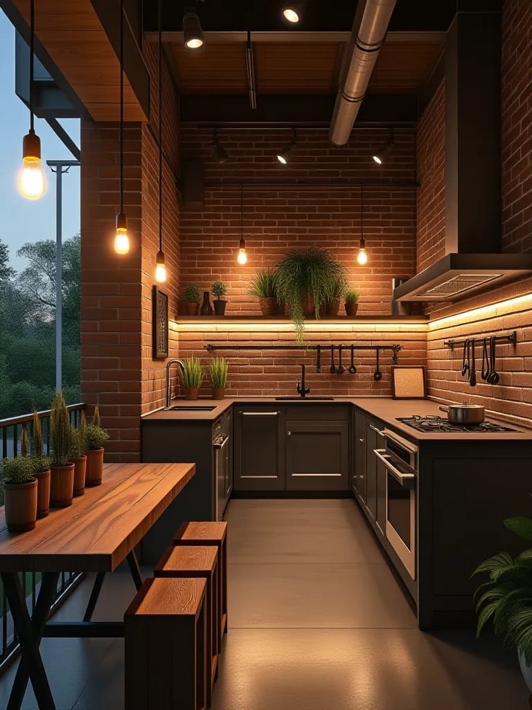 Farmhouse outdoor kitchen with string lights and mason jar pendants