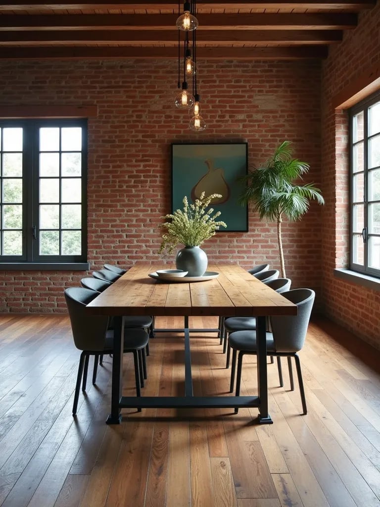Farmhouse style dining room featuring luxury vinyl tile flooring