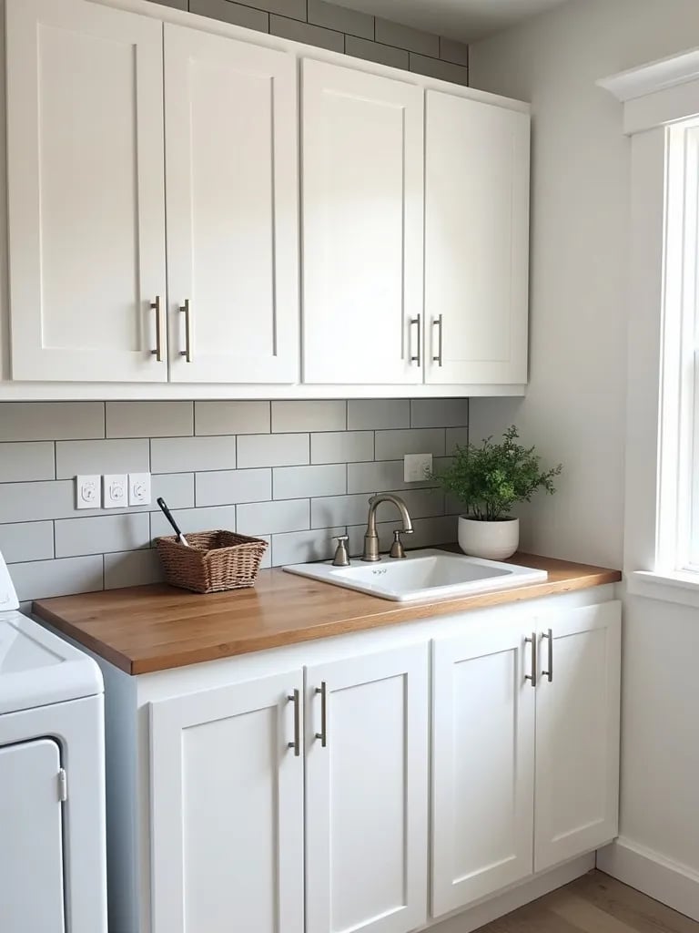 Farmhouse style laundry room with gray shiplap wallpaper and rustic elements