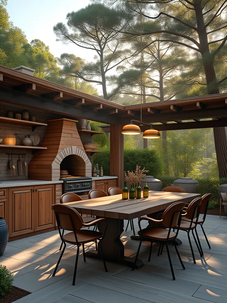 Farmhouse style outdoor kitchen patio with dining table surrounded by trees