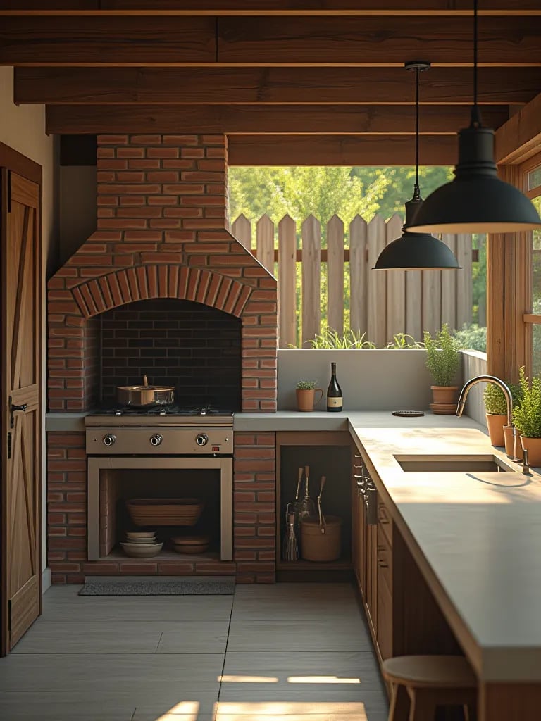 Farmhouse style outdoor kitchen with brick pizza oven and barn wood accents