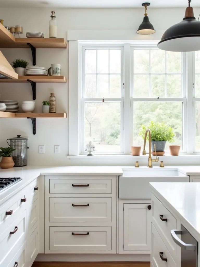 Farmhouse white kitchen with mixed lighting styles and open shelving
