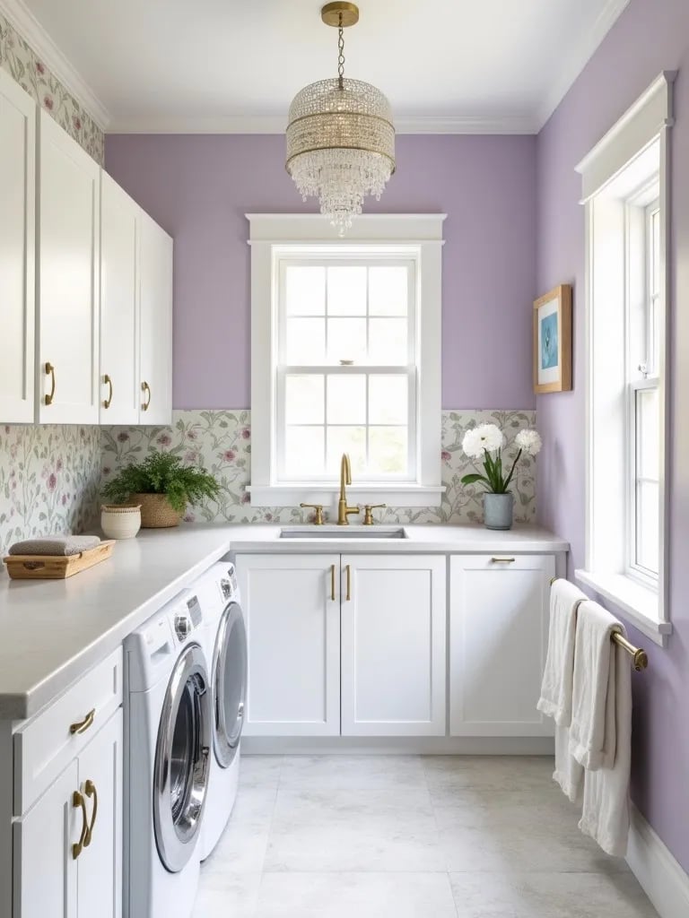 Feminine laundry room with lavender walls and floral accent wall
