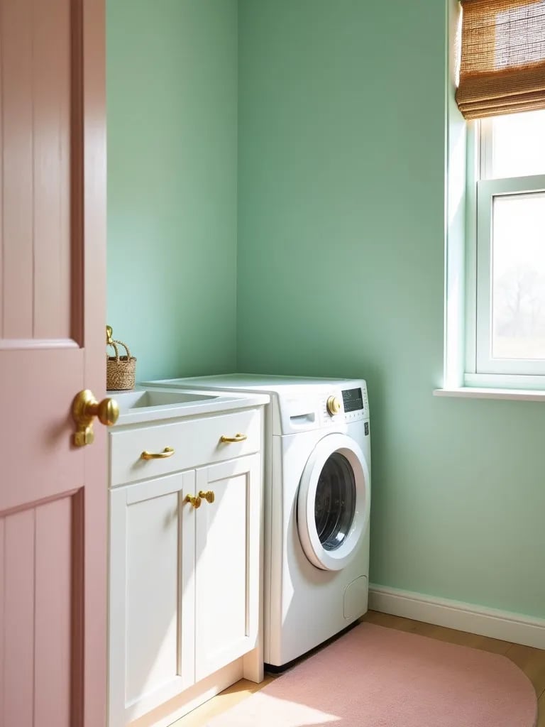 Feminine laundry room with mint walls, pink details, and gold hardware
