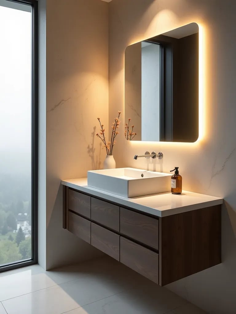 Floating corner vanity with waterfall edge and backlit mirror