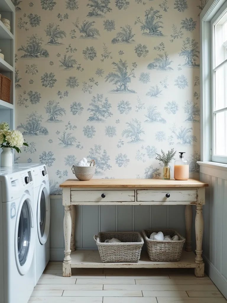 French country laundry room with blue and white toile wallpaper