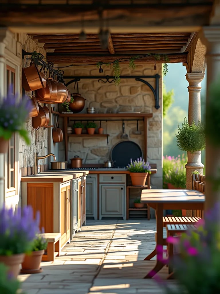 French country outdoor kitchen with stone facade and copper pots in garden setting