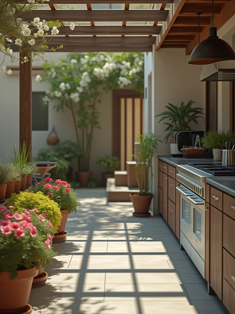 Freshly cleaned outdoor kitchen with spring flowers and gleaming surfaces