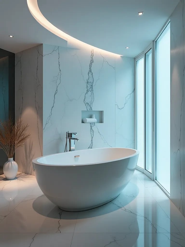 Futuristic bathroom with smart glass, levitating tub, and touch controls