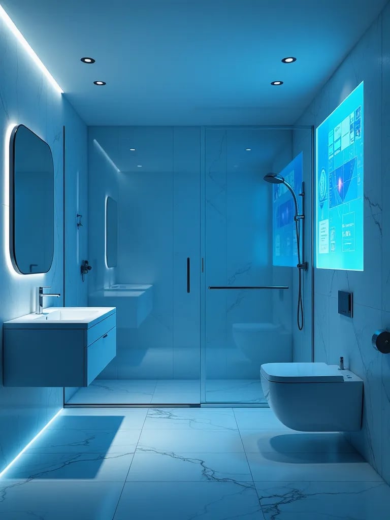Futuristic bathroom with smart glass shower and holographic mirror