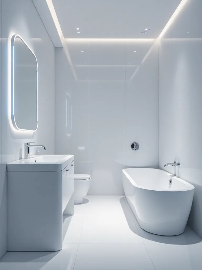 Futuristic bathroom with smart mirror and voice activated fixtures