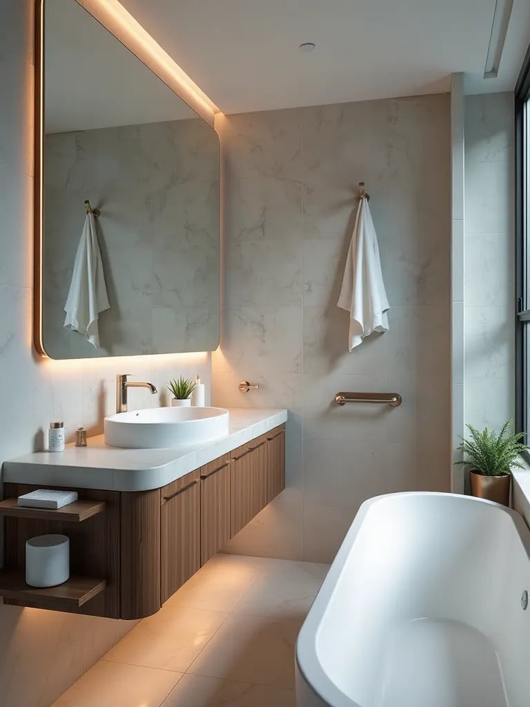 Futuristic bathroom with smart vanity, touchscreen mirror, and LED lighting