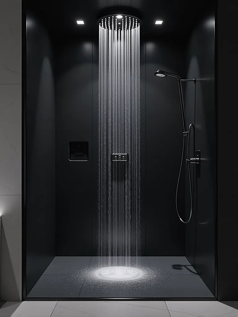 Futuristic black rainfall shower with glass panels and LED lighting