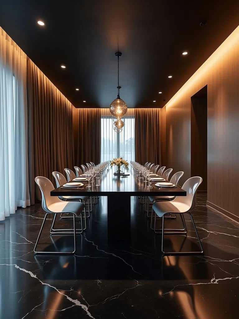 Futuristic dining room with shiny black resin floor and floating table