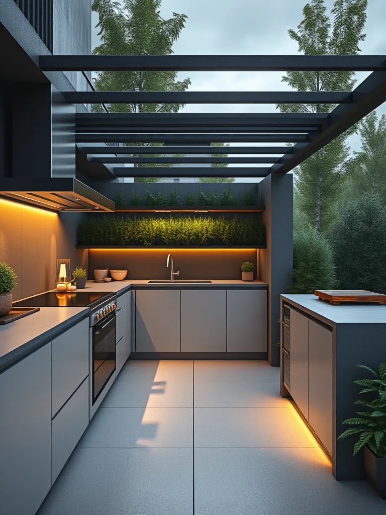 Futuristic outdoor kitchen with induction cooktop and smart fridge