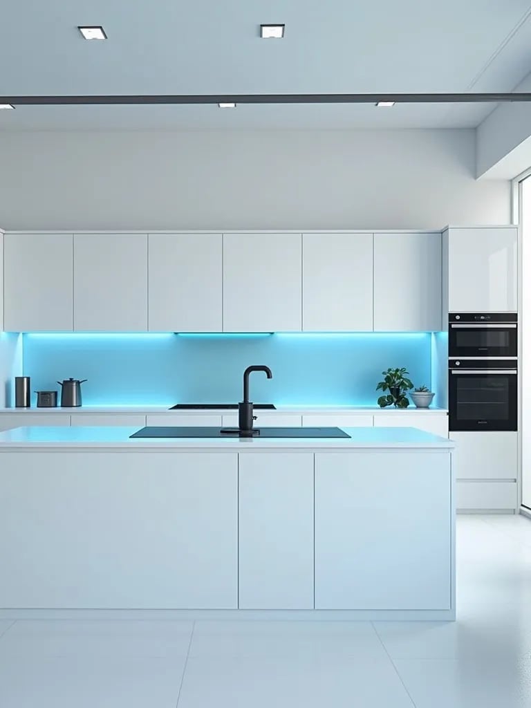 Futuristic white kitchen with smart appliances and LED accents