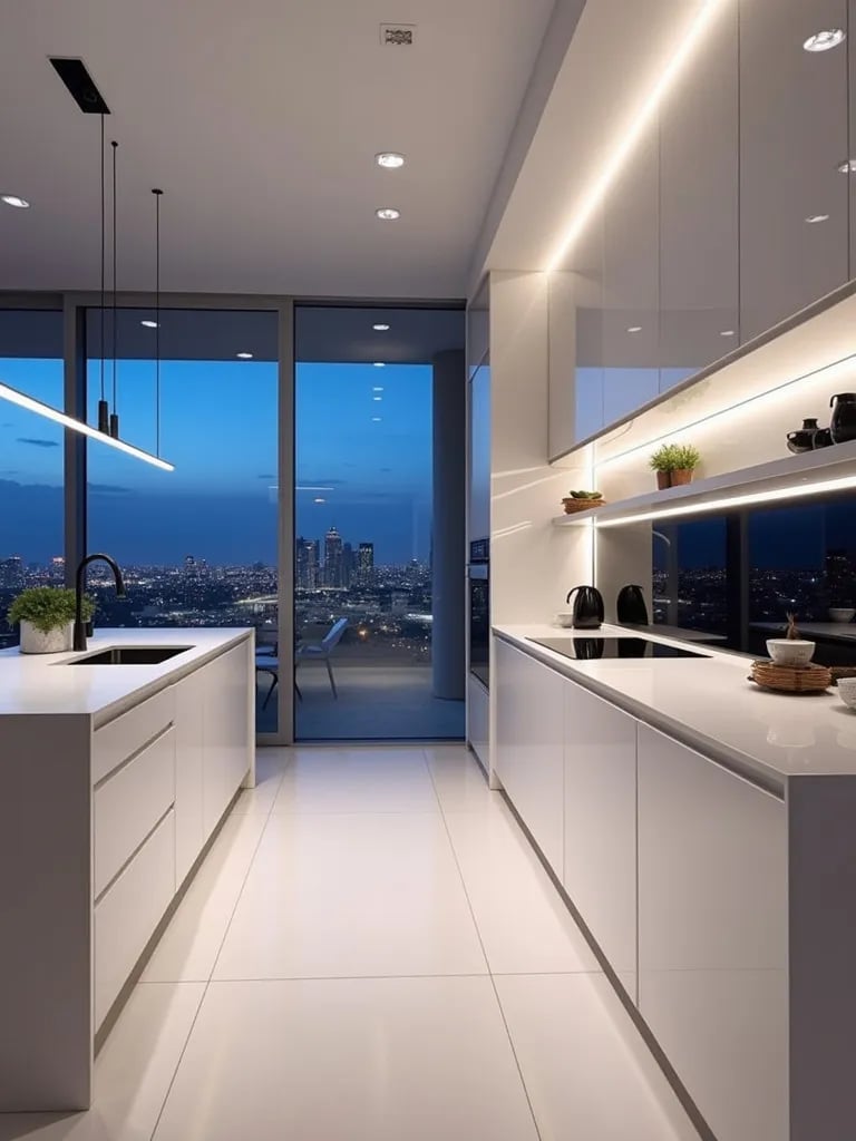 Futuristic white kitchen with smart appliances and LED lighting at dusk