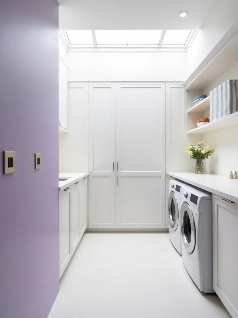 Galley laundry room with lavender and white walls, built in cabinets, and skylight