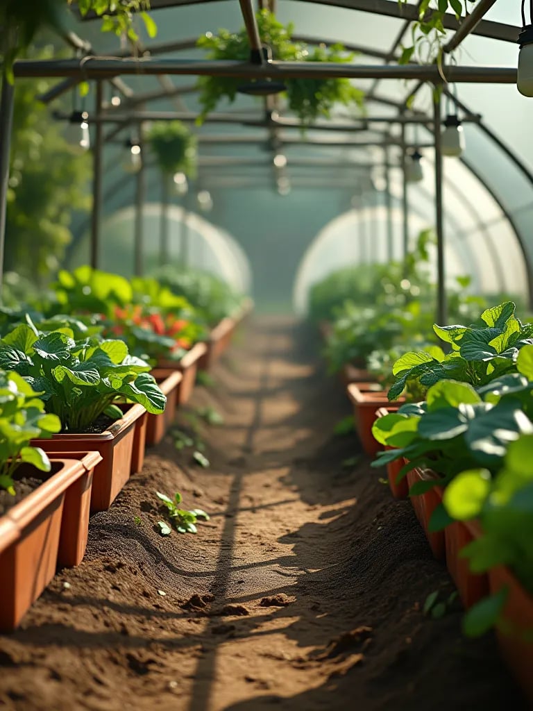 Garden path with container vegetables, cloches, and mini hoop tunnels for season extension