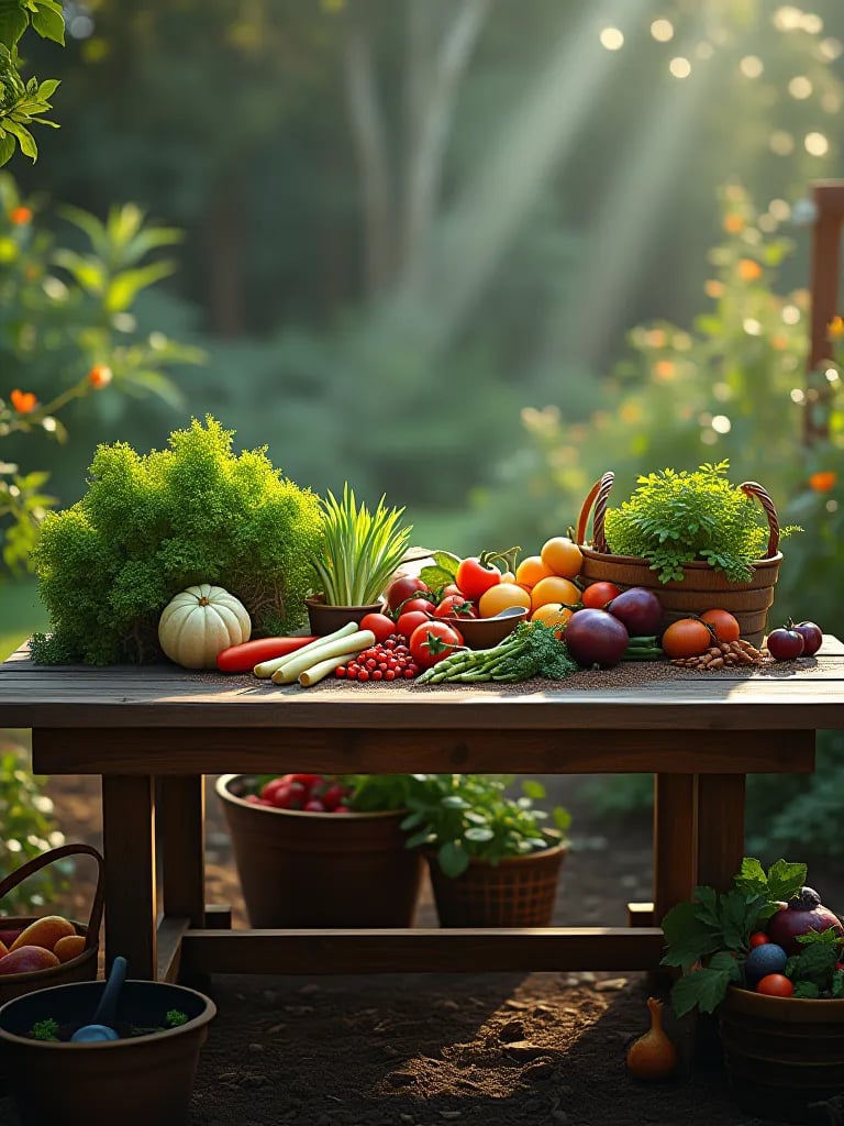 Garden table displaying freshly harvested vegetables from containers