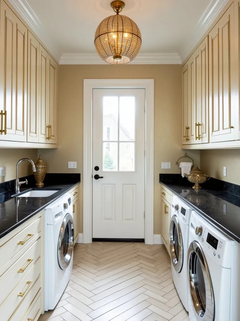 Glamorous Art Deco laundry room featuring gold wallpaper and black marble accents