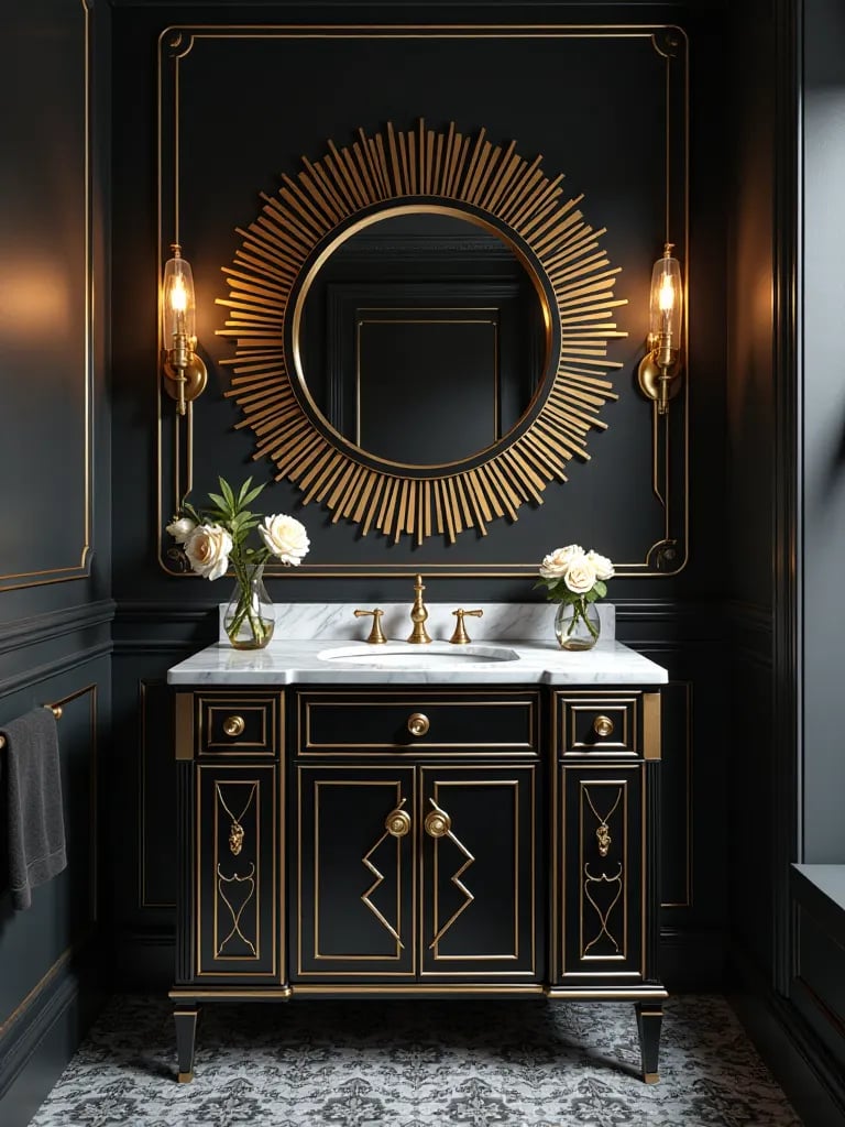 Glamorous art deco bathroom featuring geometric black and gold vanity