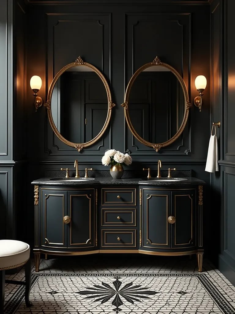 Glamorous art deco bathroom with black and gold double vanity, round mirrors, and patterned floor