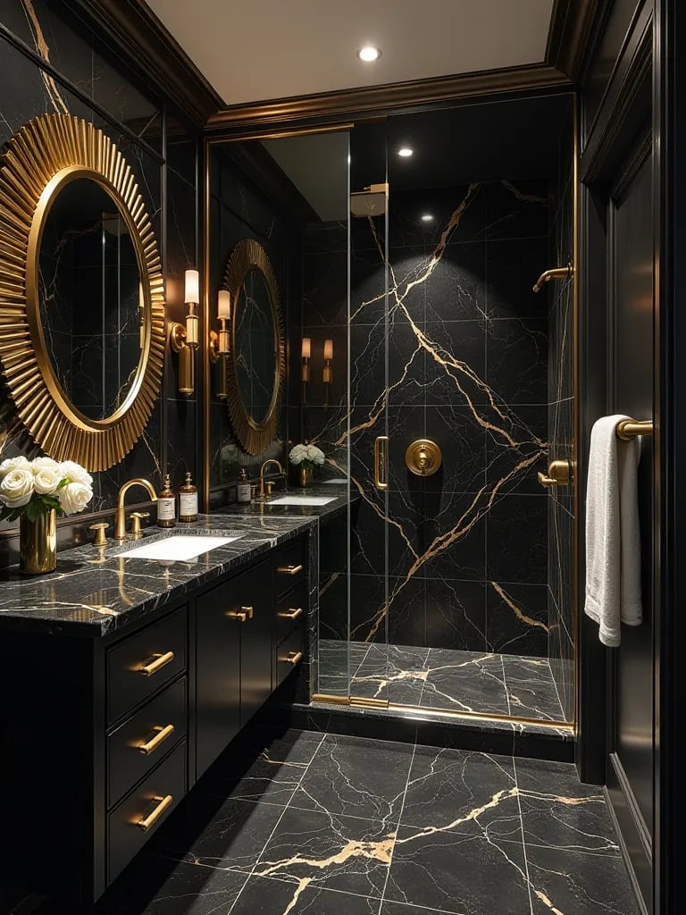 Glamorous art deco bathroom with black marble and gold accents