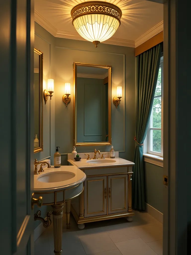 Glamorous art deco bathroom with dramatic lighting elements