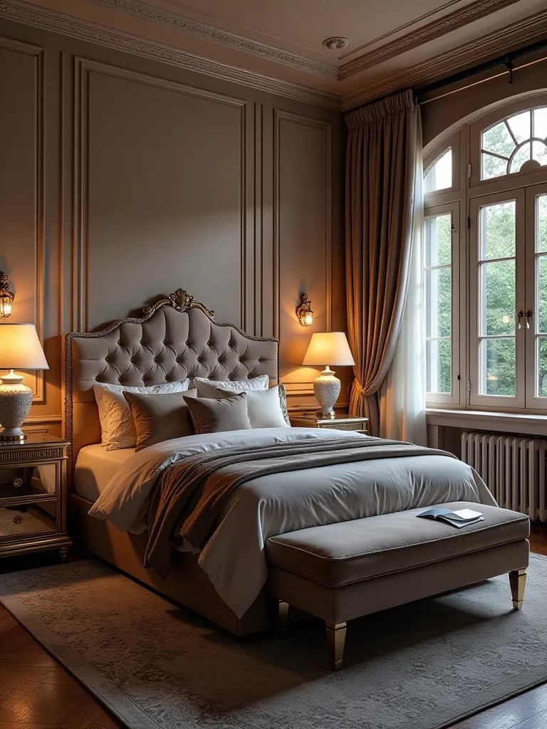 Glamorous art deco bedroom with velvet bed and mirrored furniture